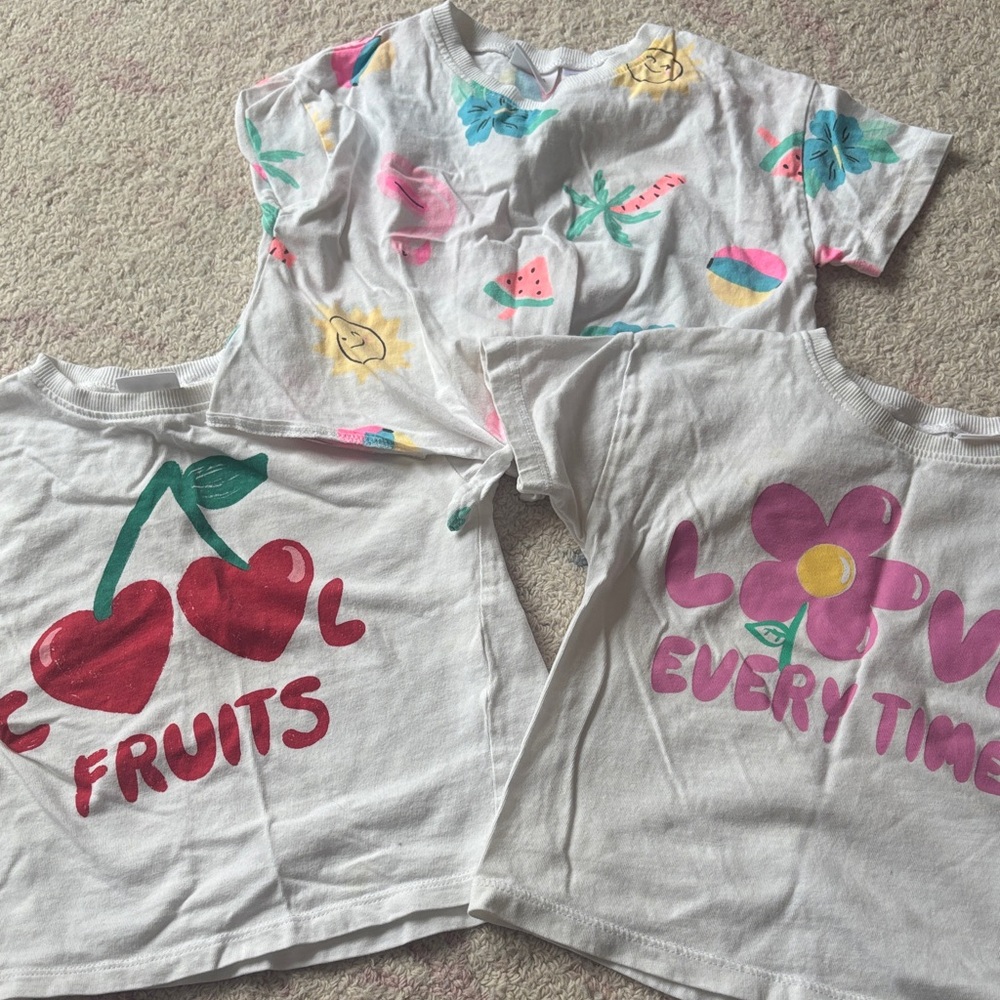 Zara White Kids Graphic Tee Trio with Pink, Red, Yellow, Teal and Green Prints